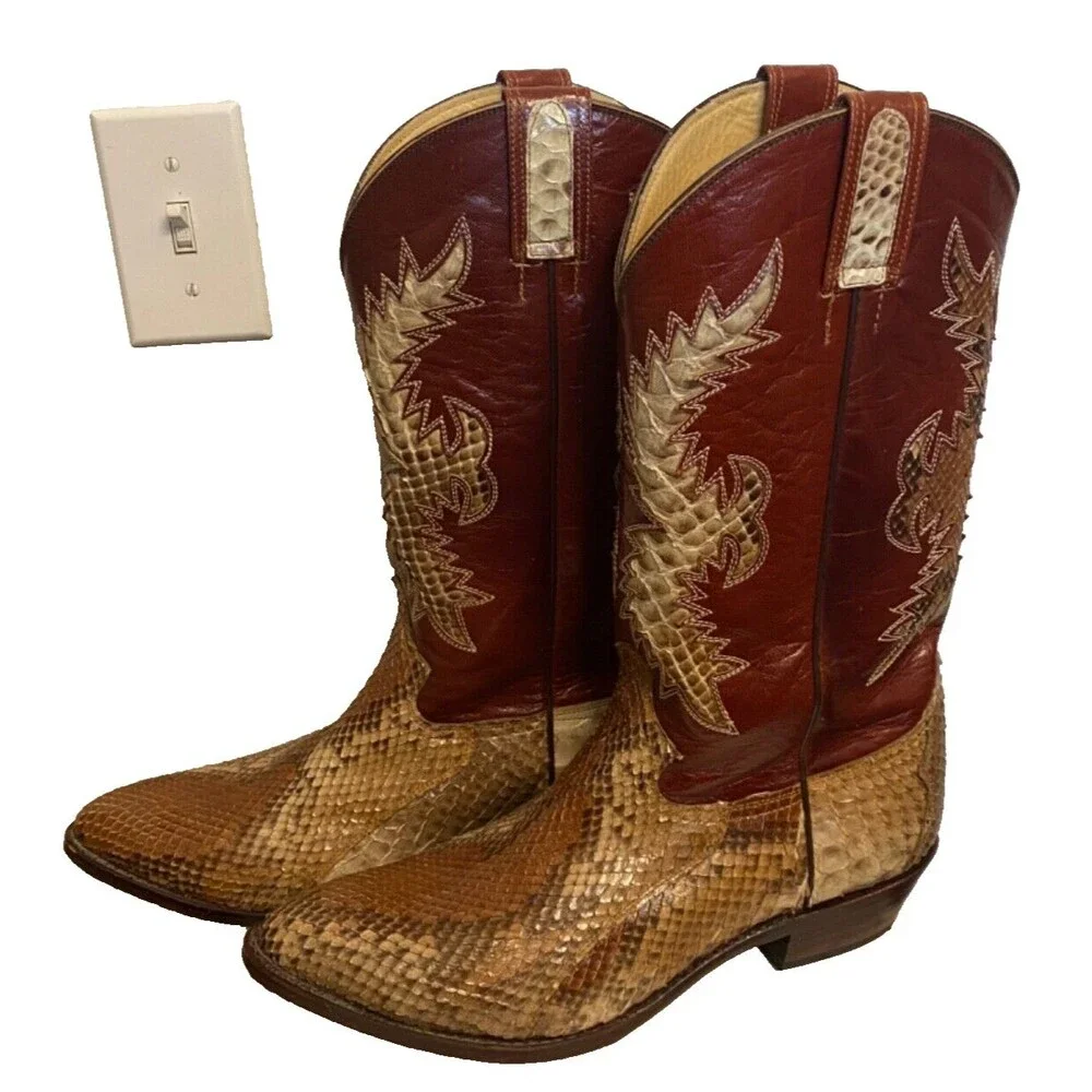 CORDONES Men's Cowboy Boots Size 9.5 Genuine SNAKE SKIN Red Brown Leather SPAIN